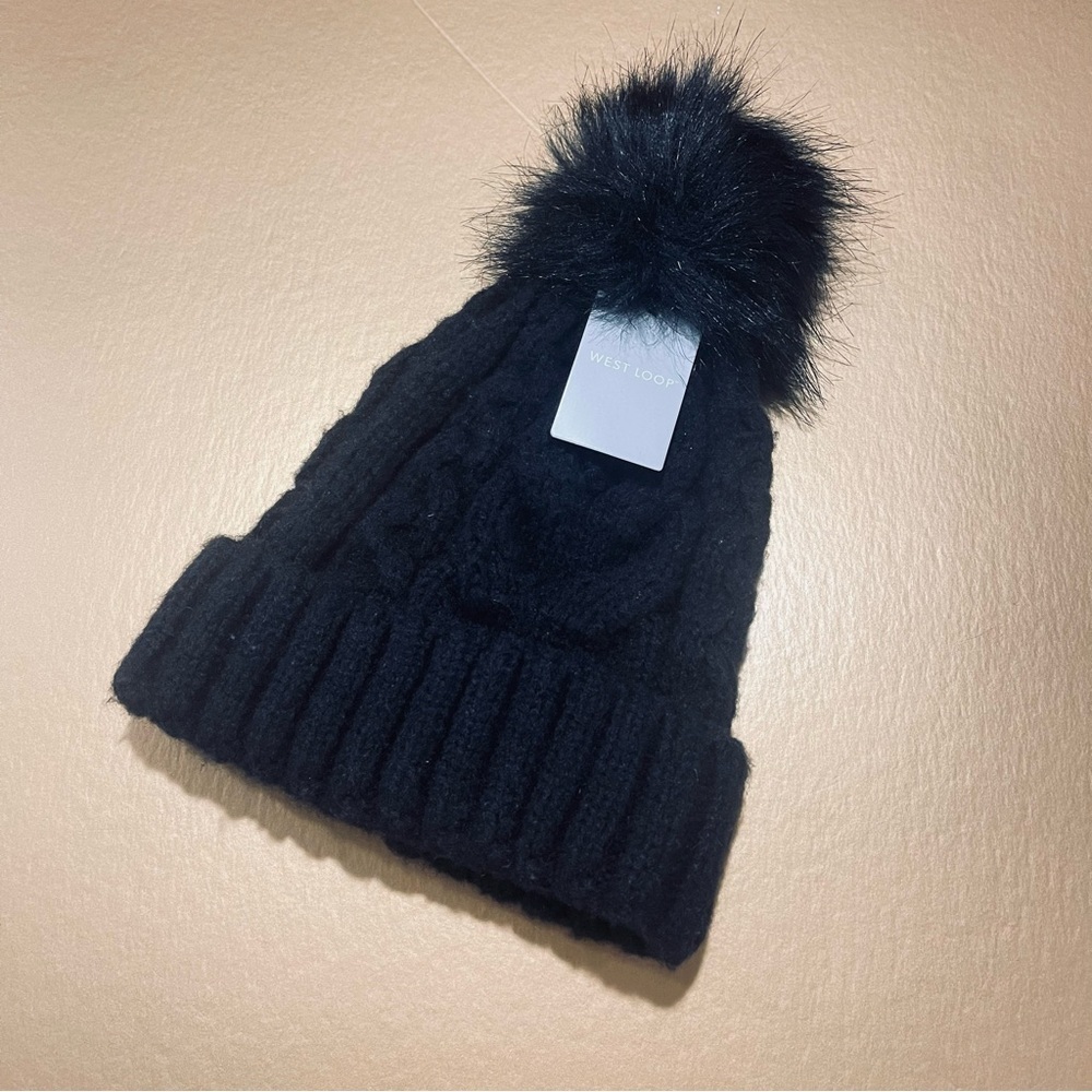 WEST LOOP Black Pom Beanie Hat Ladies One Size